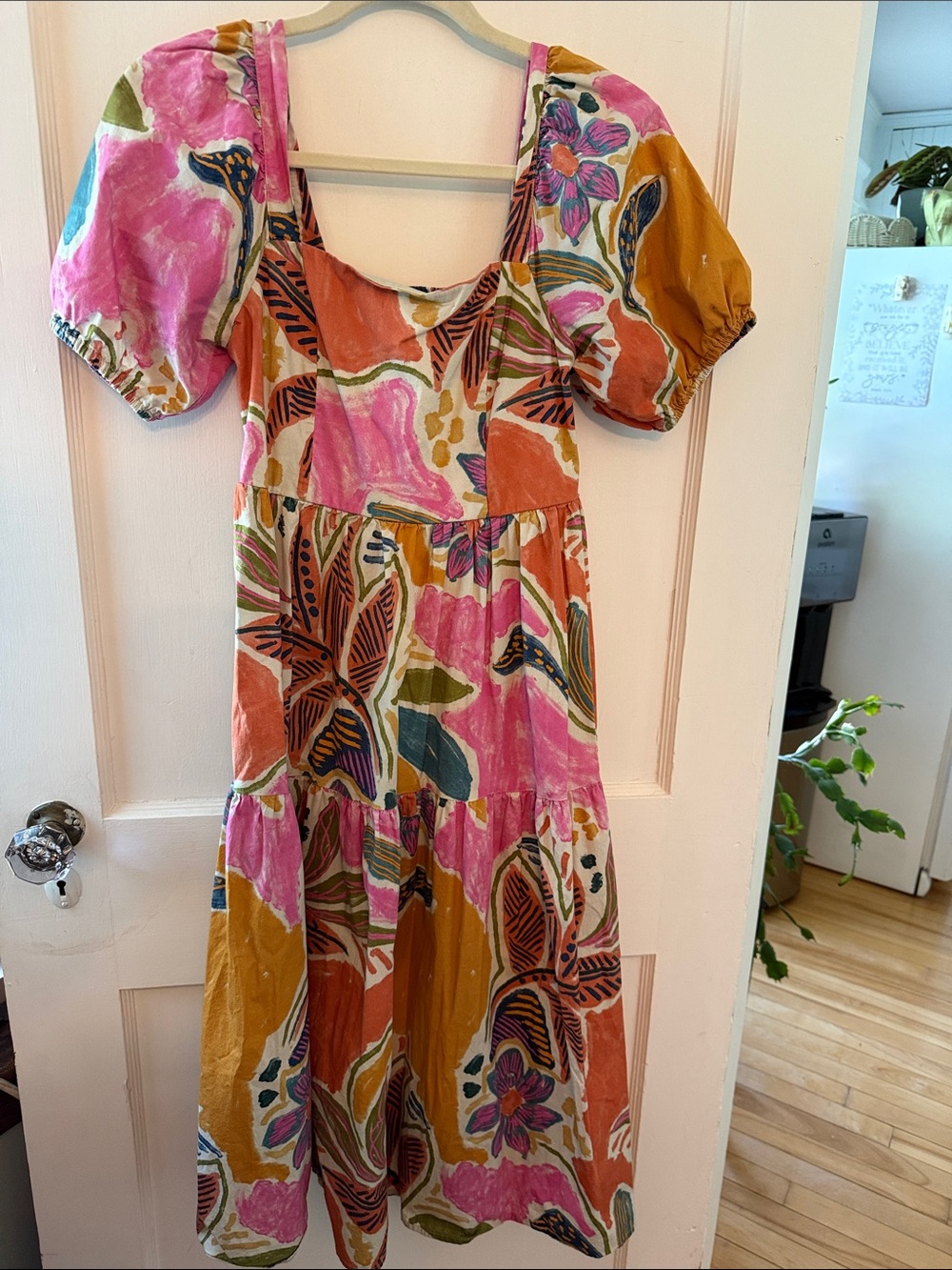 Floral Puff-Sleeve Midi Dress in Pink & Mustard
